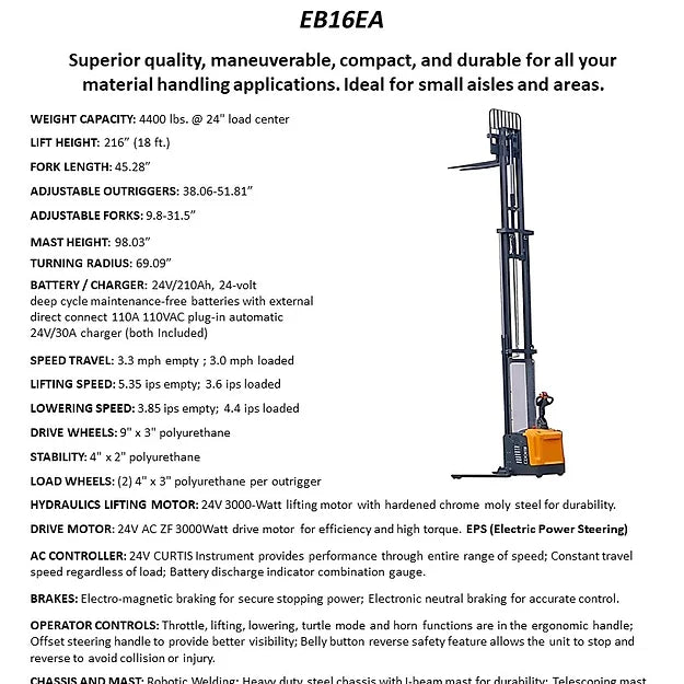 EKKO EB16EA Full Powered Straddle Stacker 4400 lb Cap., 216" Height