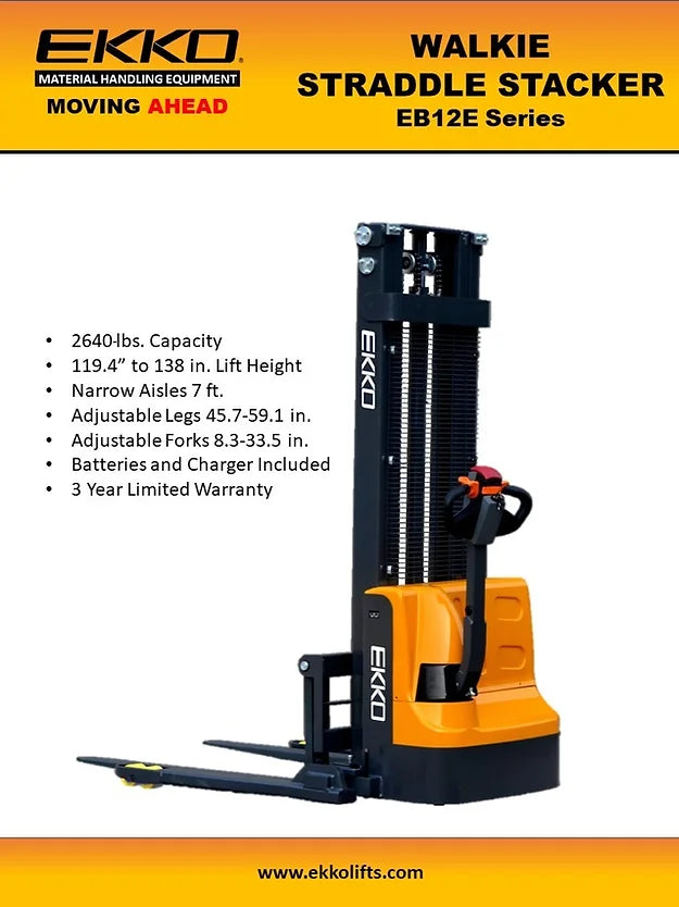 EKKO EB12E-138 Full Powered Straddle Stacker 2640 lb Cap., 138" Height