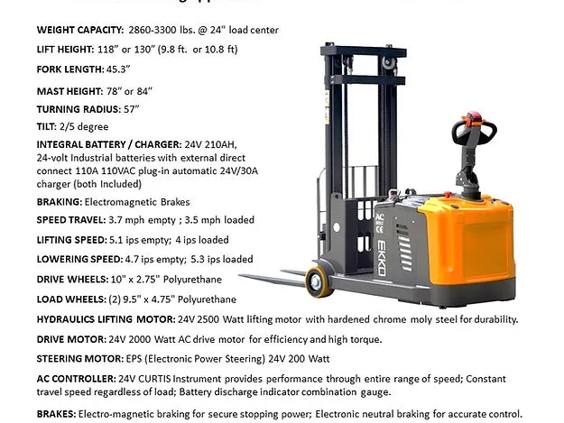 EKKO EK14-130 Counterbalanced Walkie Stacker 3300 lb Cap., 130" Height