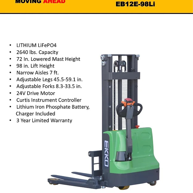 EKKO EB12E-98Li Lithium Iron Phosphate Straddle Stacker 72"Mast, 98" Lift