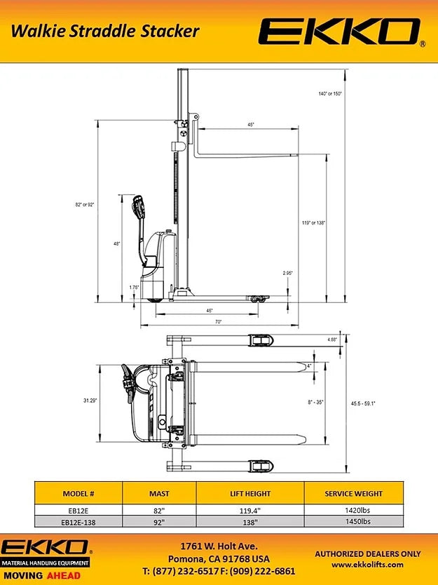 EKKO EB12E Full Powered Straddle Stacker 2640lbs. Cap., 119.4" Height