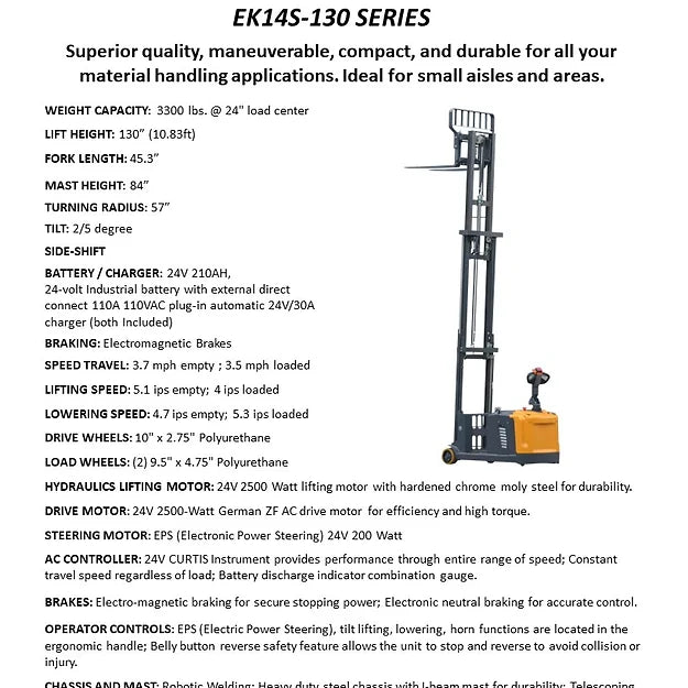 EKKO EK14S-130 Counterbalanced Walkie Stacker SIDE-SHIFTING