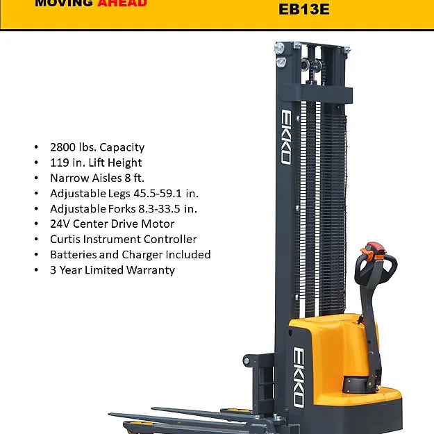 EKKO EB13E Full Powered Straddle Stacker 2800 lb Cap., 119" Height