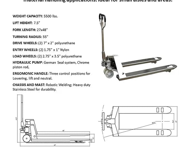 EKKO A25S Stainless Steel Manual Pallet Jack 5500lbs., Capacity