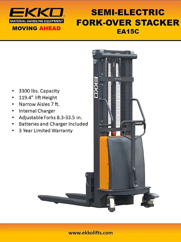 EKKO EA15C Semi-Electric Fork-Over Stacker 3300lbs. Cap., 119.3" Height