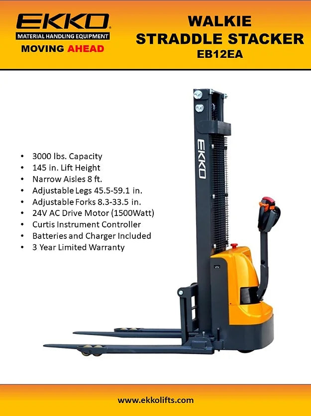 EKKO EB12EA Full Powered Straddle Stacker 3000 lb Cap., 145.67" Height