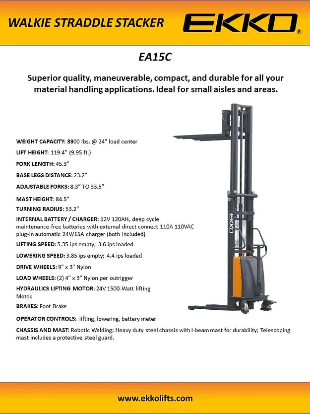 EKKO EA15C Semi-Electric Fork-Over Stacker 3300lbs. Cap., 119.3" Height