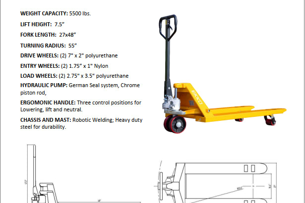 EKKO A25 Manual Pallet Jack 5500lbs., Capacity