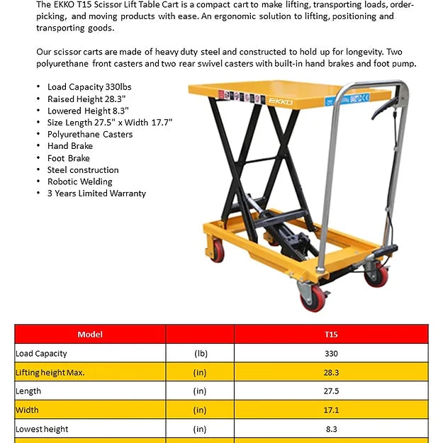 EKKO T15 Scissor Lift Table Cart 330 lb Capacity