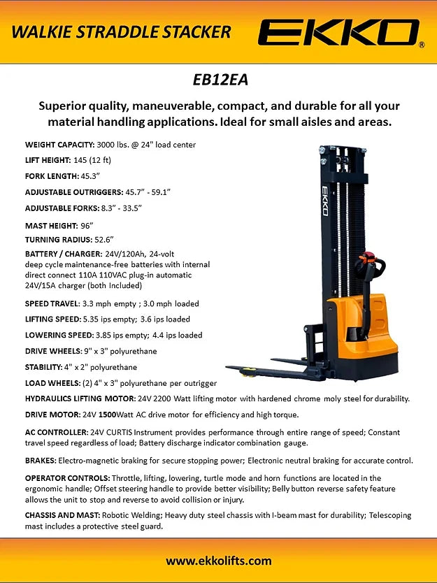 EKKO EB12EA Full Powered Straddle Stacker 3000 lb Cap., 145.67" Height