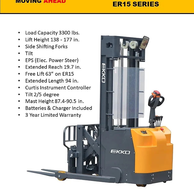 EKKO ER15L Walkie Reach Truck 3300 lb Cap., 138" Height, Side Shift