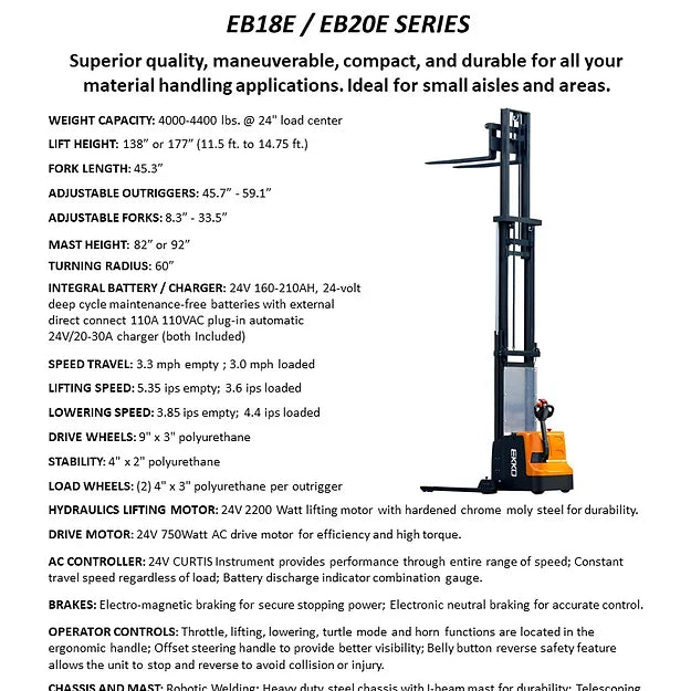 EKKO EB20E Full Powered Straddle Stacker 4400 lb Cap., 177" Height