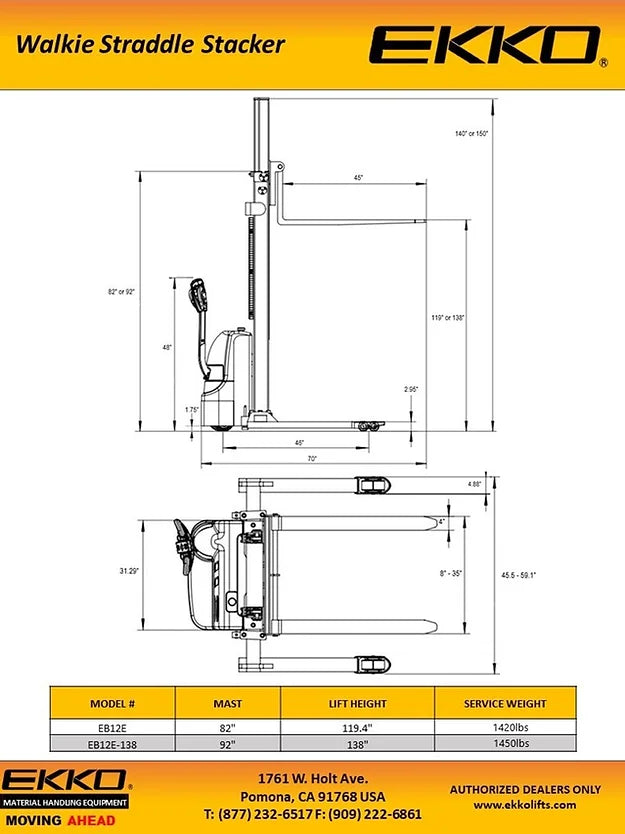 EKKO EB12E-138 Full Powered Straddle Stacker 2640 lb Cap., 138" Height