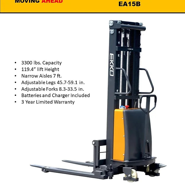 EKKO EA15B Semi-Electric Straddle Stacker 3300lbs. Cap., 119.4" Height