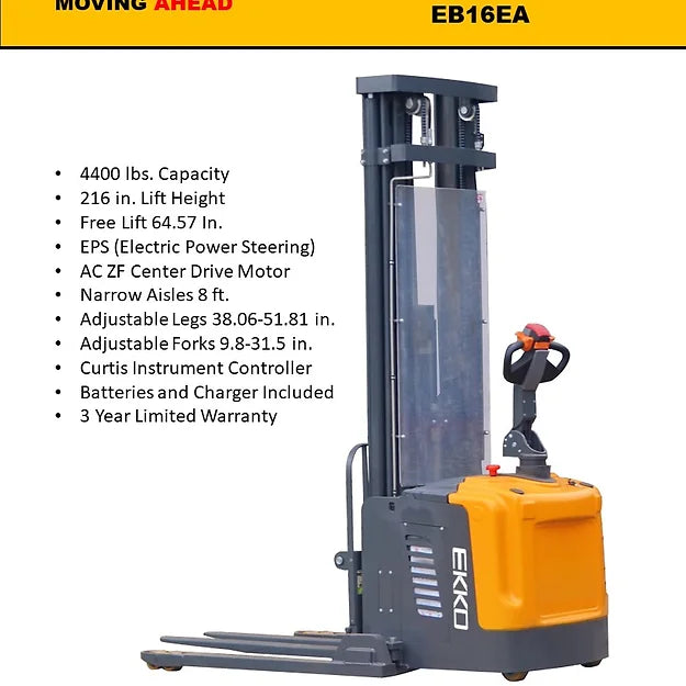 EKKO EB16EA Full Powered Straddle Stacker 4400 lb Cap., 216" Height