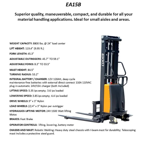 EKKO EA15B Semi-Electric Straddle Stacker 3300lbs. Cap., 119.4" Height