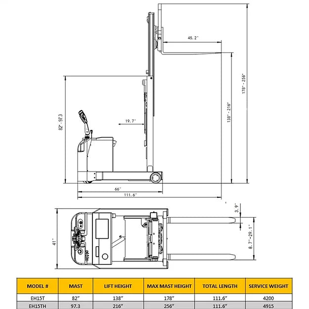 EKKO EH15TH Moving Mast Walkie Reach Truck 3300 lb Cap., 216" Height