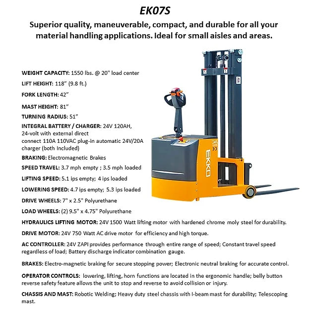 EKKO EK07S Counterbalance Walkie Stacker 1550lbs. Cap., 118" Height