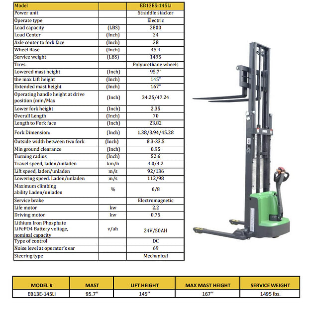 EKKO EB13ES-145Li Full Powered Straddle Stacker 2640 lb Cap., 145" Height