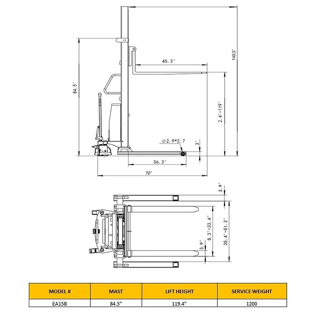 EKKO EA15B Semi-Electric Straddle Stacker 3300lbs. Cap., 119.4" Height