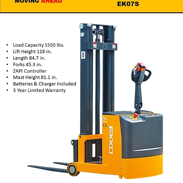 EKKO EK07S Counterbalance Walkie Stacker 1550lbs. Cap., 118" Height