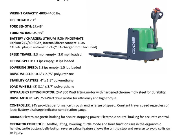 EKKO EP20LI Lithium Iron Phosphate Pallet Jack 4400 lb Capacity