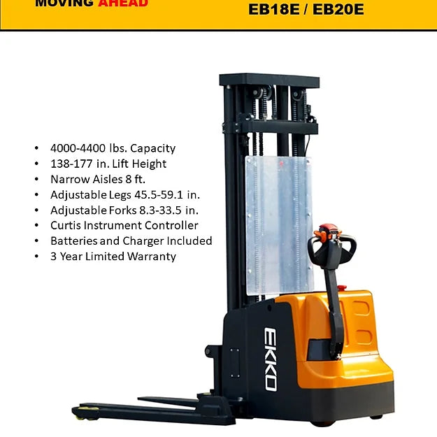 EKKO EB20E Full Powered Straddle Stacker 4400 lb Cap., 177" Height