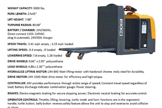 EKKO EPC30A Center-Controlled Rider Pallet Jack 5000lbs. Capacity