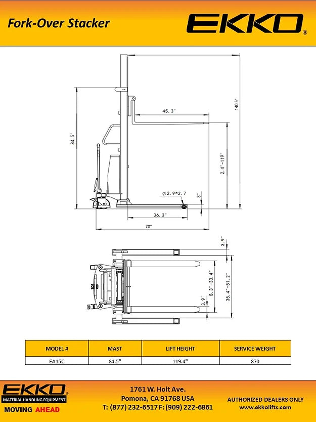 EKKO EA15C Semi-Electric Fork-Over Stacker 3300lbs. Cap., 119.3" Height