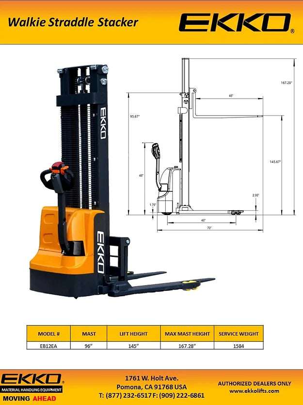 EKKO EB12EA Full Powered Straddle Stacker 3000 lb Cap., 145.67" Height