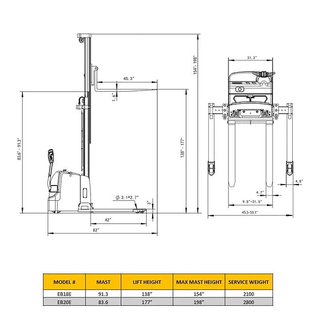 EKKO EB20E Full Powered Straddle Stacker 4400 lb Cap., 177" Height