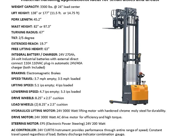 EKKO ER15 Walkie Reach Truck 3300 lb Cap., 177" Height, Side Shift