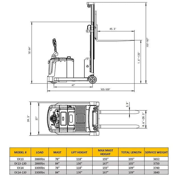 EKKO EK14 Counterbalanced Walkie Stacker 3300 lb Cap., 118" Height