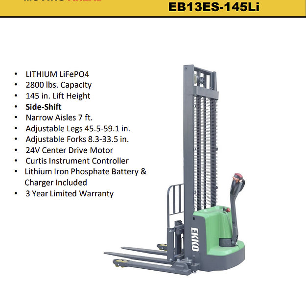 EKKO EB13ES-145Li Full Powered Straddle Stacker 2640 lb Cap., 145" Height