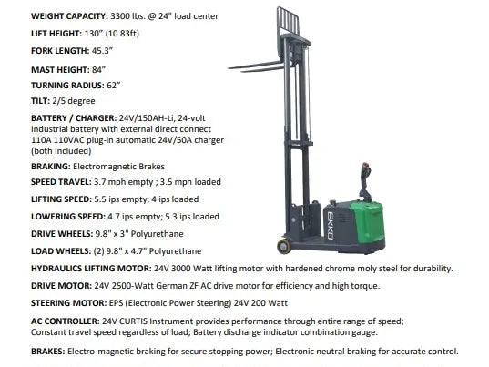 EKKO EK14S-130LI Lithium Counterbalanced Walkie Stacker SIDE-SHIFTING