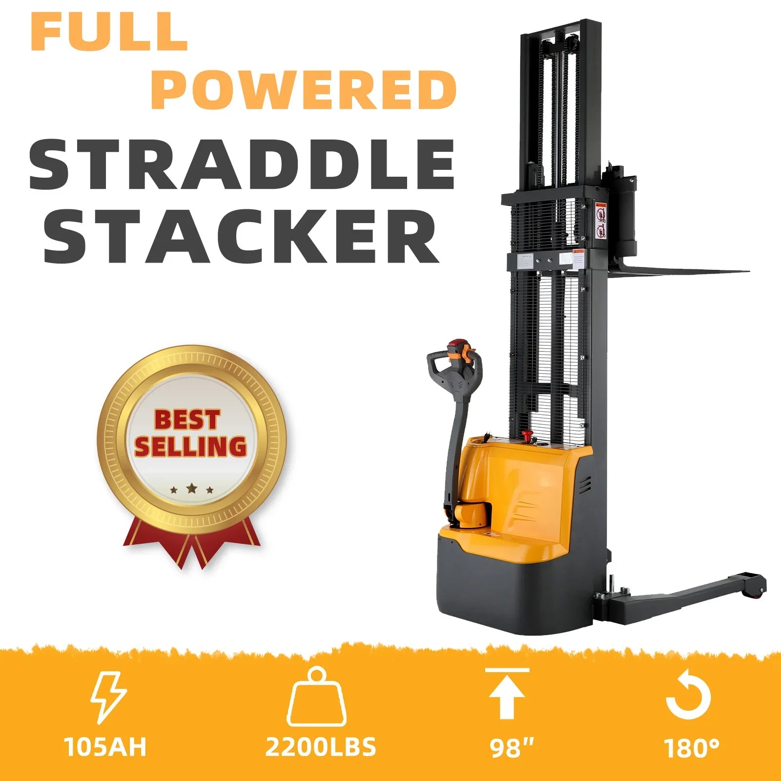 ApolloLift | Powered Forklift Full Electric Walkie Stacker 2200lbs Cap. Straddle Legs. 98" Lifting A-3036